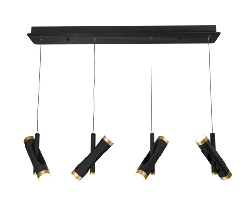 Realistic 3D model of a modern pendant light fixture with adjustable cylindrical lamps and elegant gold accents, displayed against a transparent backdrop.