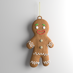 Alt text: "3D model of a Christmas Ginger Bread Man tree decoration for Blender 3D software. Half-body cropped, with happy and disarmed expression. High-definition picture with displacement mapping and pendant hanging."