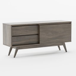 "3D model of a TV cabinet 130 ESMEE by Tikamoon, designed in Blender 3D. This nonbinary model features a wooden cabinet with drawers, a shelf, and rounded shapes. With a sharp angular design and a grey color scheme, this highly detailed product photo resembles the style of titmouse animation."