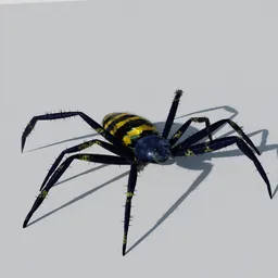 "Rigged, colorful 3D model of a spider for Blender 3D, inspired by Hendrik van Steenwijk I, with a black and yellow scheme and hazard stripes. The furry head and abdomen add realistic detailing, perfect for animation projects. Rated highly by users."