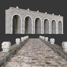 Detailed 3D model of an Old Stone Bridge with textured arches and cobblestone pathway, optimized for Blender.