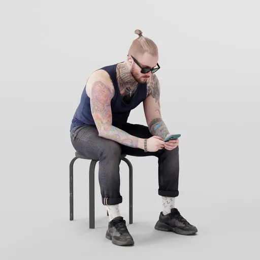 Tattooed young 3D model man in singlet and jeans using smartphone, detailed Blender 3D character design.