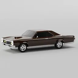"Brown Pontiac GTO 1967 car model in Blender 3D, featuring exterior details, optimized for long range shots. Inspired by Milton Menasco, this 3D model captures the essence of the iconic V8 interceptor. The high-quality rendering showcases the car drifting on a gray background, evoking joy and excitement."