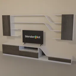3D modeled modern wall unit with shelves and storage, compatible with Blender, ideal for architectural visualization.
