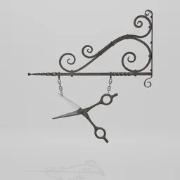 Detailed 3D model of an antique barber's shop sign, designed with realistic ironwork and scissor motif, modelled in Blender.