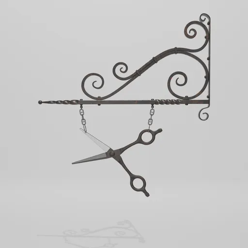 Detailed 3D model of an antique barber's shop sign, designed with realistic ironwork and scissor motif, modelled in Blender.