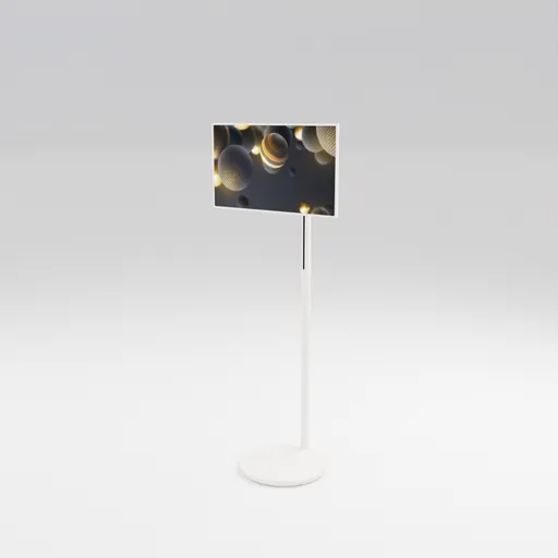 Highly detailed 3D model of a modern, sleek portable television on a stand, rendered in Blender.