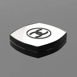 Detailed 3D model of a compact foundation case with iconic logo, ideal for Blender rendering projects in fashion and beauty visualization.