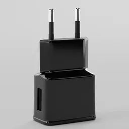 "European USB Wall Plug 3D model for Blender 3D - industrial exterior design with black box, two antennas, and attached pipes. Inspired by historic artists Willem Jacobsz Delff and Karl Ballmer, made in 2019. Front top side view."