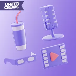 Stylized Blender 3D model pack showcasing cinema-themed icons including drink, microphone, glasses, and clapperboard.