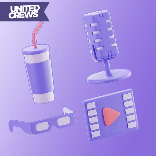 Stylized Blender 3D model pack showcasing cinema-themed icons including drink, microphone, glasses, and clapperboard.