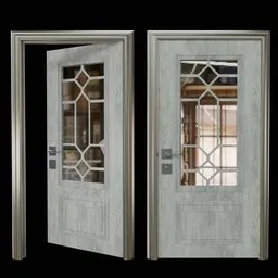 Detailed wooden 3D model door with glass panels suitable for Blender rendering and architectural visualization.