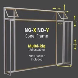 Adjustable 6-panel steel frame 3D window model with controllers and box cutter for Blender.