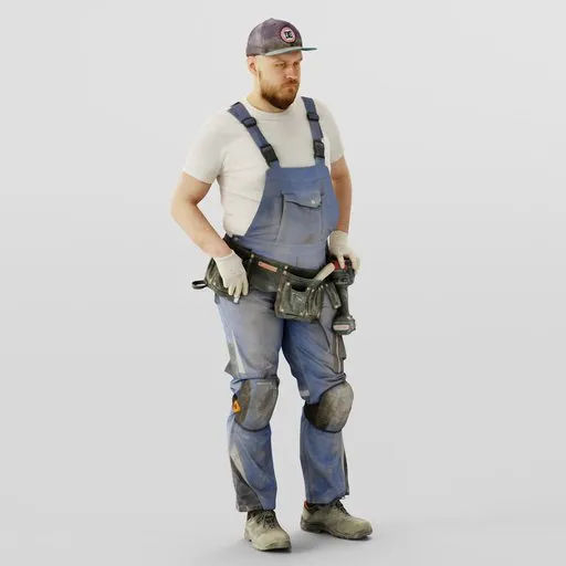 Realistic 3D modeled bald bearded construction worker with overalls, gloves, cap, knee pads, and tool belt for Blender rendering.