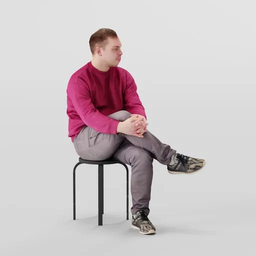 3D Blender model of a relaxed, seated young male figure in casual attire, suitable for urban scene rendering.