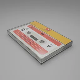 "Highly detailed cassette tape in Blender 3D, featuring a stylized yellow label and retro 70s vibes. Perfect for audio projects and inspired by artist Nick Gentry. Comes complete with box and labels."