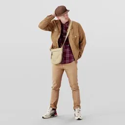 Thoughtful young 3D man model in casual beige attire, hand on head, squinting, for Blender 3D projects.