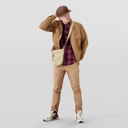 Thoughtful young 3D man model in casual beige attire, hand on head, squinting, for Blender 3D projects.