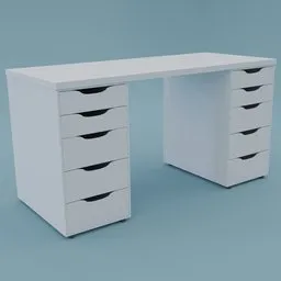"Rigged drawers desk in 3D model - IKEA Lagkapten Alex, designed professionally with cool smooth space colors. Perfect desk fit for an office setting. 140x60cm size available for use in Blender 3D."