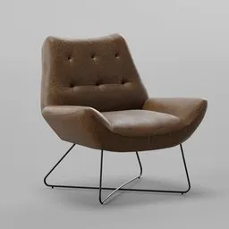 Detailed 3D model of a stylish caramel brown leather armchair with metal legs, compatible with Blender.