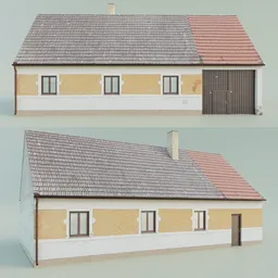 "Lowpoly European village family house 3D model for Blender 3D software. Detailed textures and symmetrical layout inspired by Károly Markó the Elder and Arnold Brügger. Features garage, miniature door, and simplified realism style."