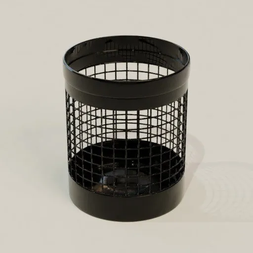 Detailed 3D model of a black mesh trash basket, optimized for Blender rendering, isolated on a light background.