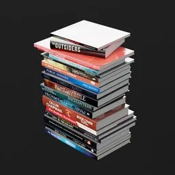 Stack of realistic 3D book models for Blender, with detailed covers and textures on a neutral backdrop.