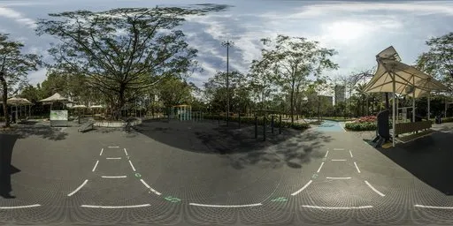 Outdoor workout park panorama for 3D scene lighting, clear skies, green foliage, and exercise equipment.