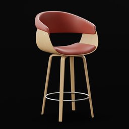 "Retro Deluxe Bar Stool - Red and Wooden Chair for Blender 3D. Perfect topology with subsurface scattering and Vray rendering, suitable for bar and lounge illustrations. Detailed round minimalist design in a centered position, ideal for product views."