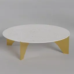 "Baleno Marble and Brass Coffee Table: a 2019 product design rendered in Blender 3D, featuring a white marble tabletop with gold legs, sitting on a textured disc base. Rendered in redshift with hard edges and lively irregular edges, giving it a unique and sophisticated look."