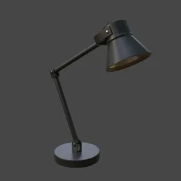 "Table Lamp 3D model for Blender 3D: A black lamp placed on a table, inspired by Richard Benning's design. This highly-detailed 3D model with a Pixar render resembles a street lamp from Valve. The rendered image showcases the lamp's exquisite lacquer and steel textures."