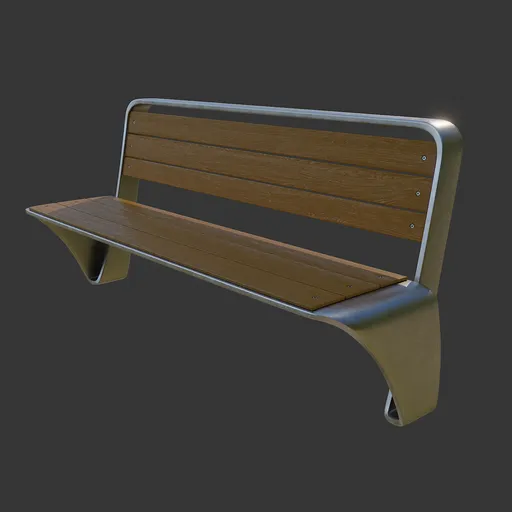 Detailed 3D bench model with sleek design, crafted in Blender 3.6, featuring wood and metal textures.