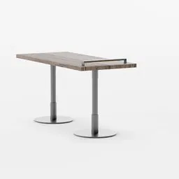 Realistic Blender 3D model showing a sleek wooden-top table with dual metal stands and an integrated lamp.