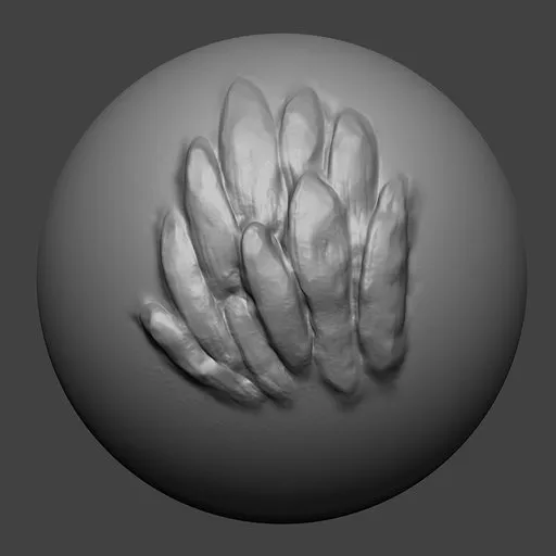 Blender 3D sculpting brush creating detailed dragon scale texture on a 3D model surface.