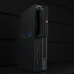 "Blender 3D model of a black Playstation 2 console, including a controller and game box keyart. This 3D model is a faithful representation of the original Sony Playstation 2."