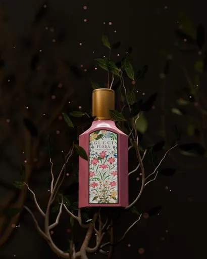 3D-rendered bottle with floral design showcased amid dark leaves for product visualization in Blender.