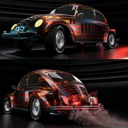 Detailed 3D model of a Volkswagen Beetle sport with dynamic exhaust smoke animation in Blender.