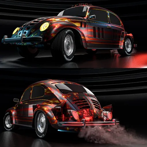 Detailed 3D model of a Volkswagen Beetle sport with dynamic exhaust smoke animation in Blender.