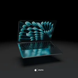 Detailed 3D model of a silver MacBook Air with illuminated Retina display and advanced M3 chip design, available for customization.