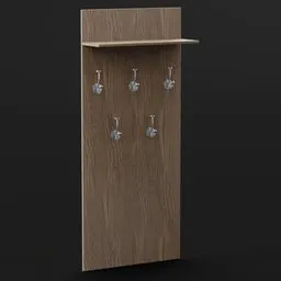 "Wooden hanger 3D model for Blender 3D - perfect for locker rooms or households. Features a wooden shelf with hooks and measures W: 0.66 cm, D: 0.215 cm, and H: 1.52 cm. Created in 2019 using Blender 3D software."