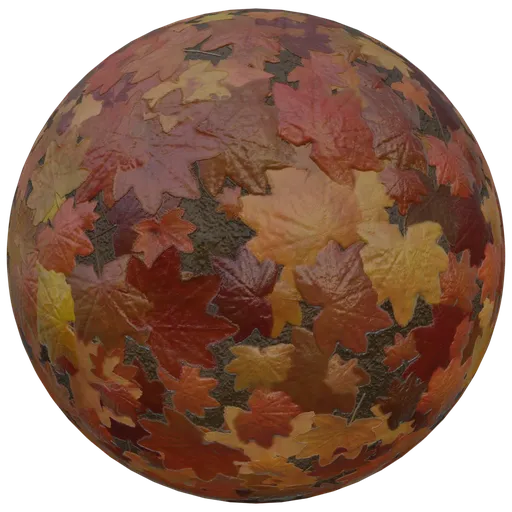 High-resolution 2K PBR texture of scattered maple leaves for realistic ground material in Blender 3D projects.