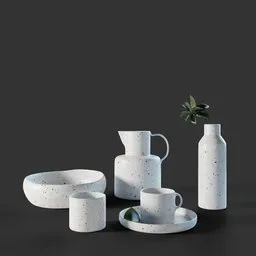 "Procedural ceramic tableware set for Blender 3D, featuring two mugs, saucer, pitcher, vase with plant, and bowl. The high-quality product render showcases the speckled, in-style-of-brutalism design, with a versatile and customizable texture. Perfect for Cycles and EEVEE, this trending 2019 model is a favorite on Behance and Artforum."