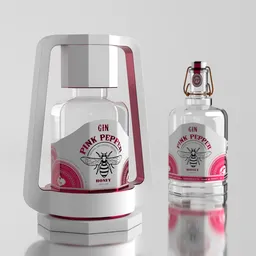 3D-rendered modern gin bottle against white; clear glass with silver cap and pink label, ideal for Blender mockup use.