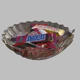 Realistic 3D-rendered glass bowl with mixed candy bars, perfect for decorative Blender scenes.
