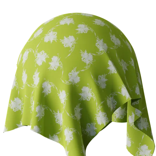 High-resolution PBR 4K fabric texture with white floral patterns on a green background for 3D materials.