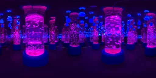 12K HDR image featuring a vibrant underwater scene with illuminated jellyfish in glass tanks for scene lighting.
