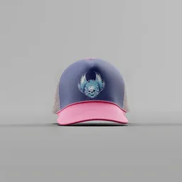 Blue and Pink Winged Skull Trucker Cap