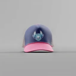 Blue and Pink Winged Skull Trucker Cap