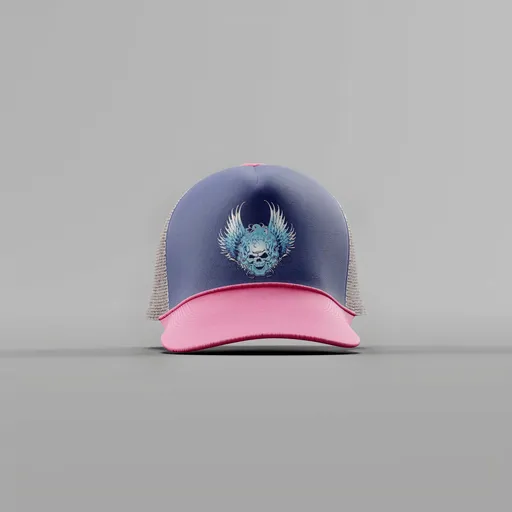 Blue and Pink Winged Skull Trucker Cap