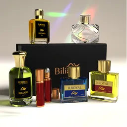 Luxurious 3D-rendered perfume bottles in elegant room setting, designed with Blender for product visualization.